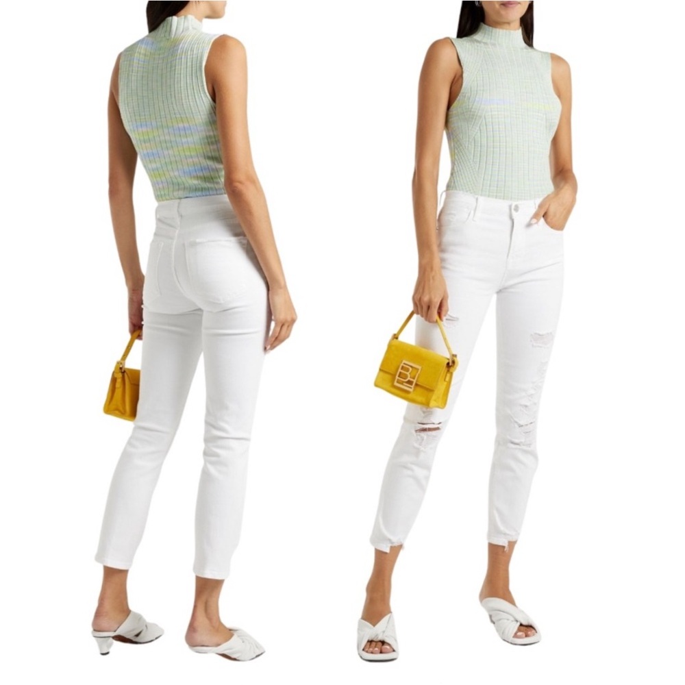 FRAME Le High Straight Distressed White Jeans Chewed Hems Womens 30